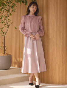 パールブラウスレイヤード風ワンピース