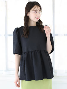 ふくれジャガードギャザー五分袖ブラウス