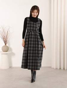 【3点セット】ベルト/ニット付チェックワンピース