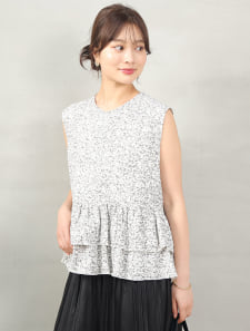 小花柄ノースリフリルブラウス