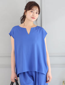 【SETUP対応】キーネックフレンチスリーブブラウス