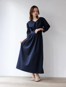 Vネックウエスト切替ワンピース