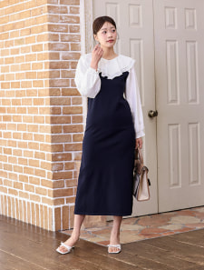 衿元フリル異素材ドッキングワンピース			