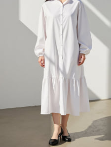 バントカラーギャザーワンピース