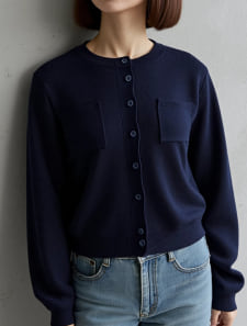 ポケット付きクルーネックカーディガン