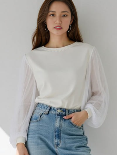 パールデザイン袖チュールカットソー