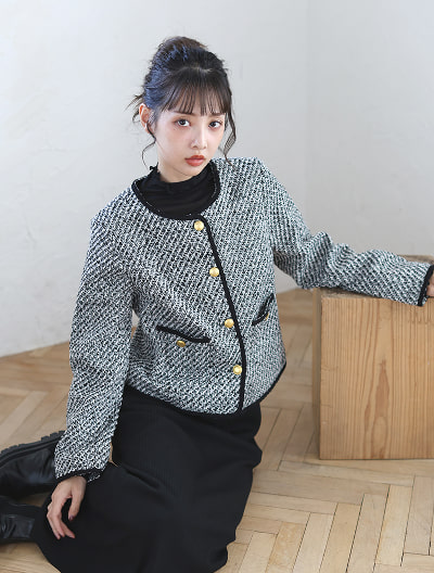 【harukaセレクト】ノーカラーツイードジャケット