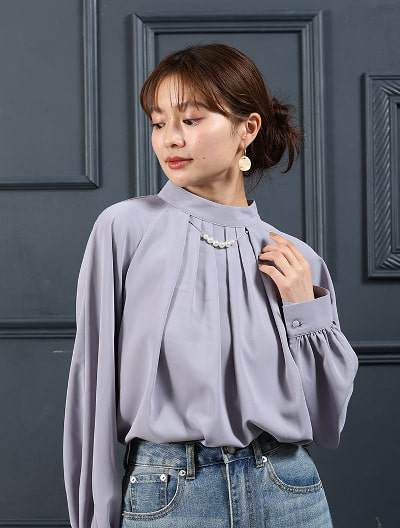 2wayスリーブフロントタックパールブラウス