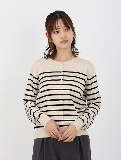 【ウォッシャブル】【M・Lサイズあり】クルーネックボーダーカーディガン