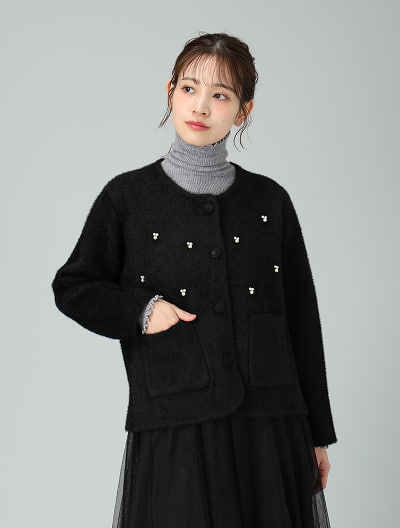 パール付きノーカラーニットジャケット