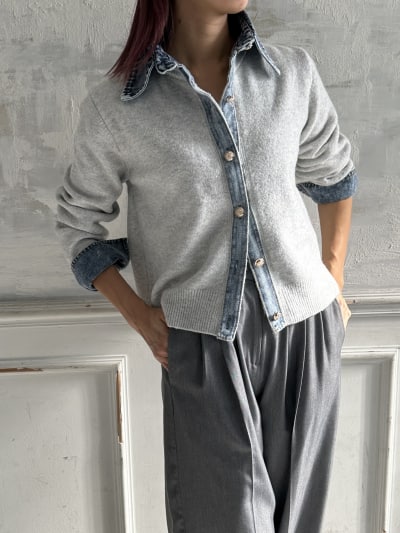 デニムシャツレイヤード風ニットカーディガン