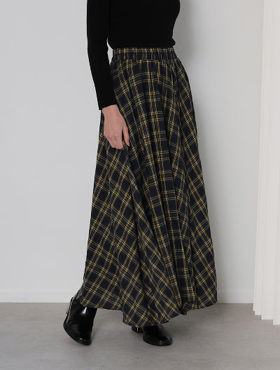 総ゴムチェックフレアスカート