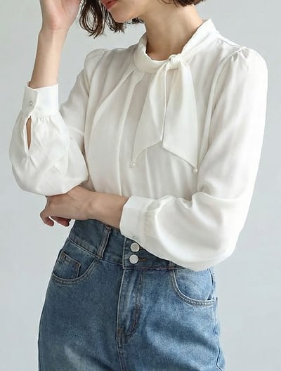 サイドパールリボン長袖ブラウス