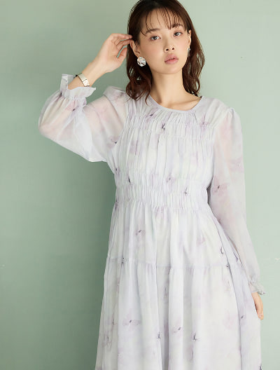 水彩フラワー柄シャーリングワンピース