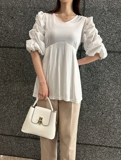 【接触冷感】前後2way袖ギャザーペプラムカットソー