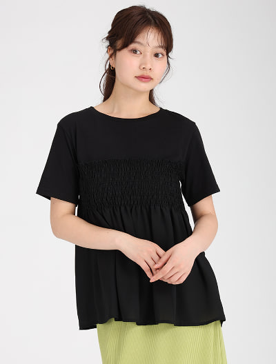 異素材シャーリングドッキングTシャツ