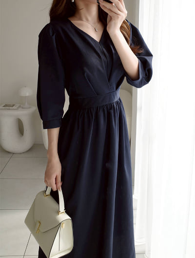 Vネックウエスト切替ワンピース