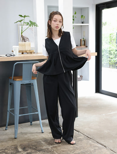 【2点セット】ペプラムジップベスト×パンツ