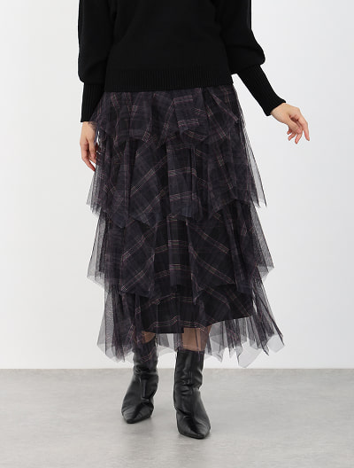 チュールフリルチェックスカート
