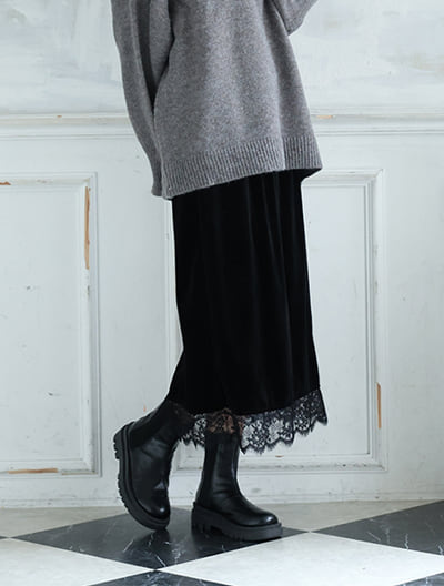 ベロア調裾レーススカート
