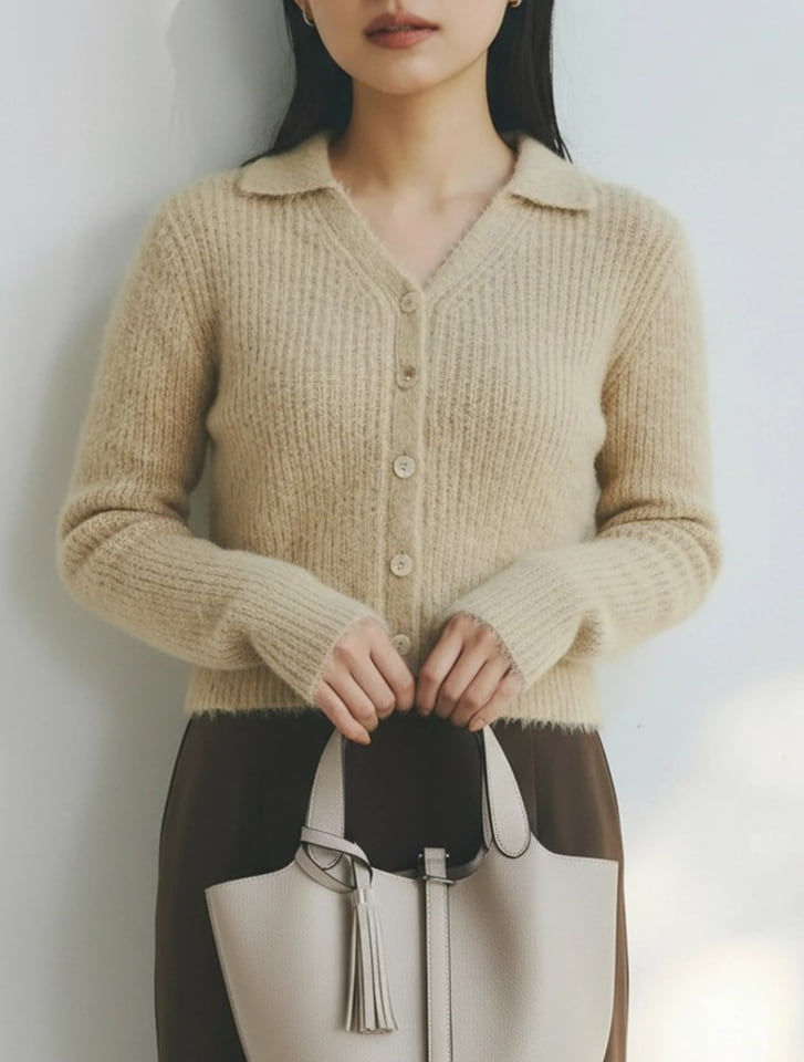 ミニフェザー衿付ニットカーディガン