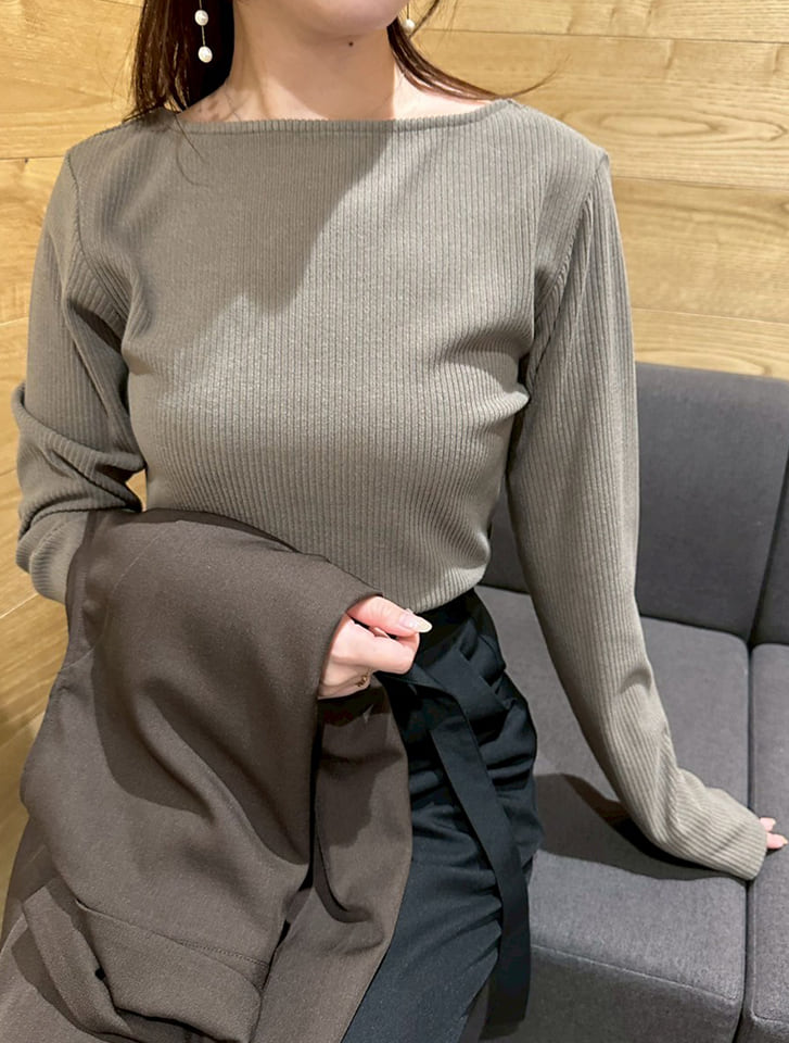 ボートネックリブニットソートップス