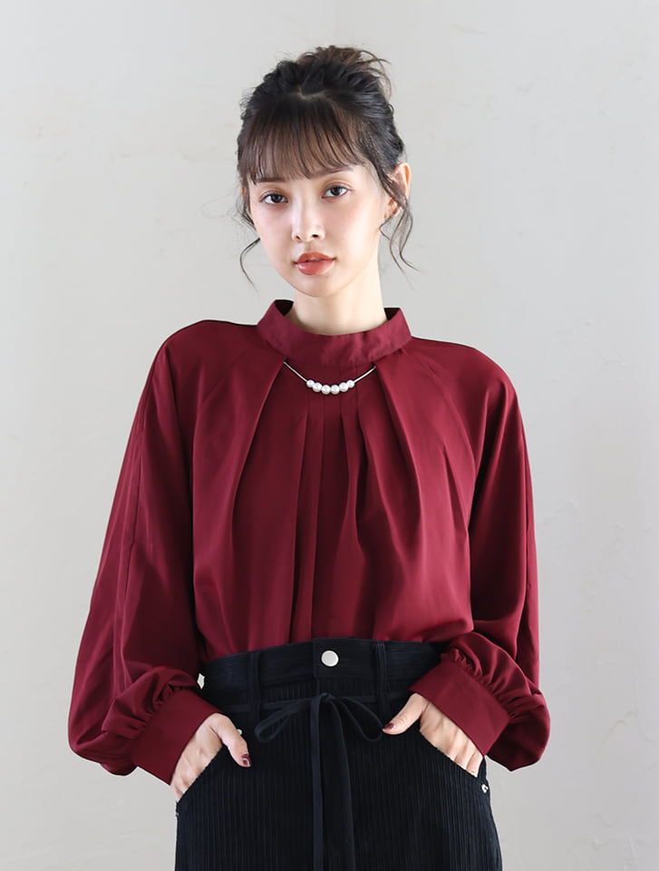 2wayスリーブフロントタックパールブラウス