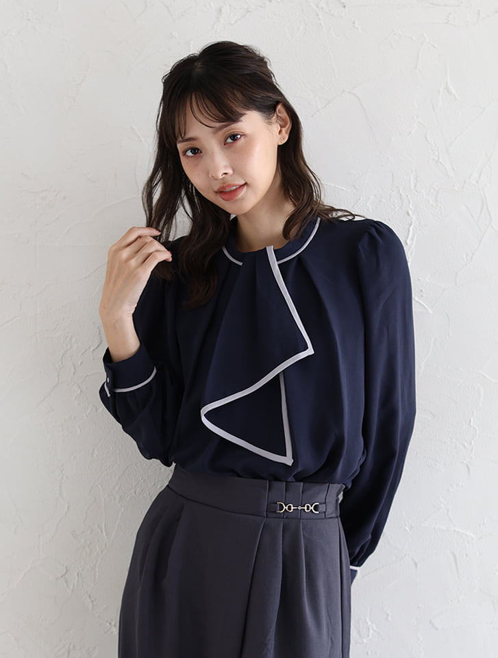 配色ボウタイ2way長袖ブラウス