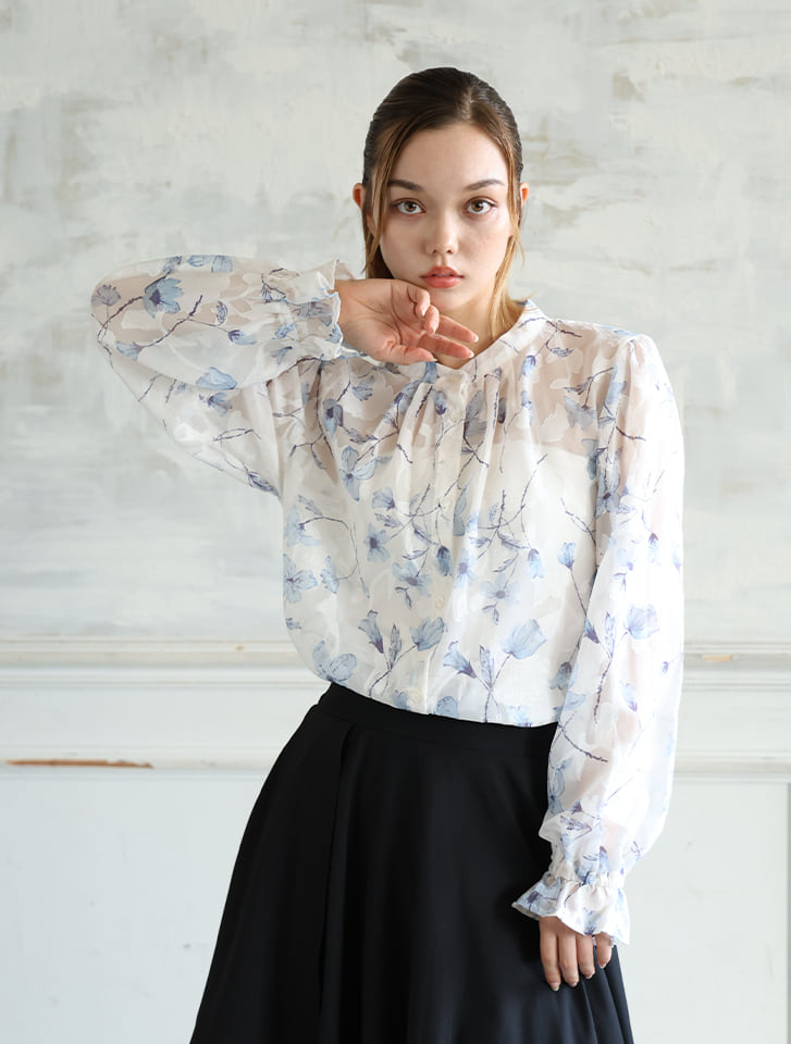 前開きジャガード花柄ブラウス