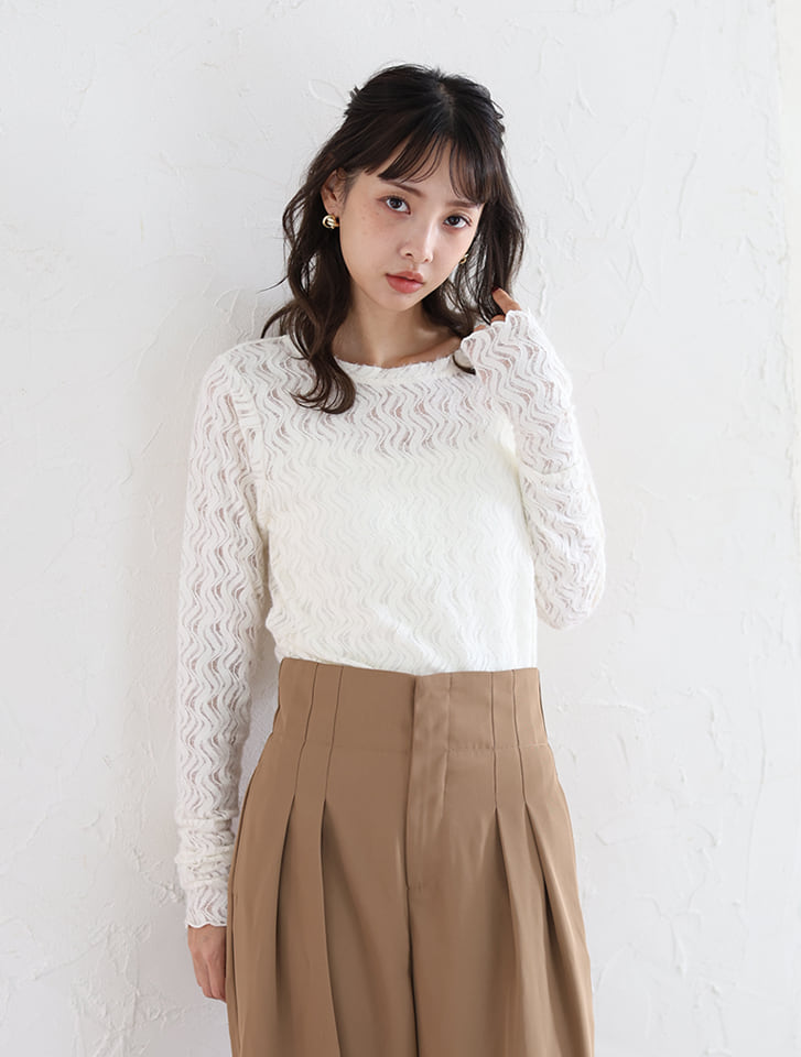 起毛レースクルーネックトップス
