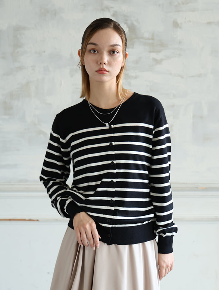 【ウォッシャブル】【M・Lサイズあり】クルーネックボーダーカーディガン