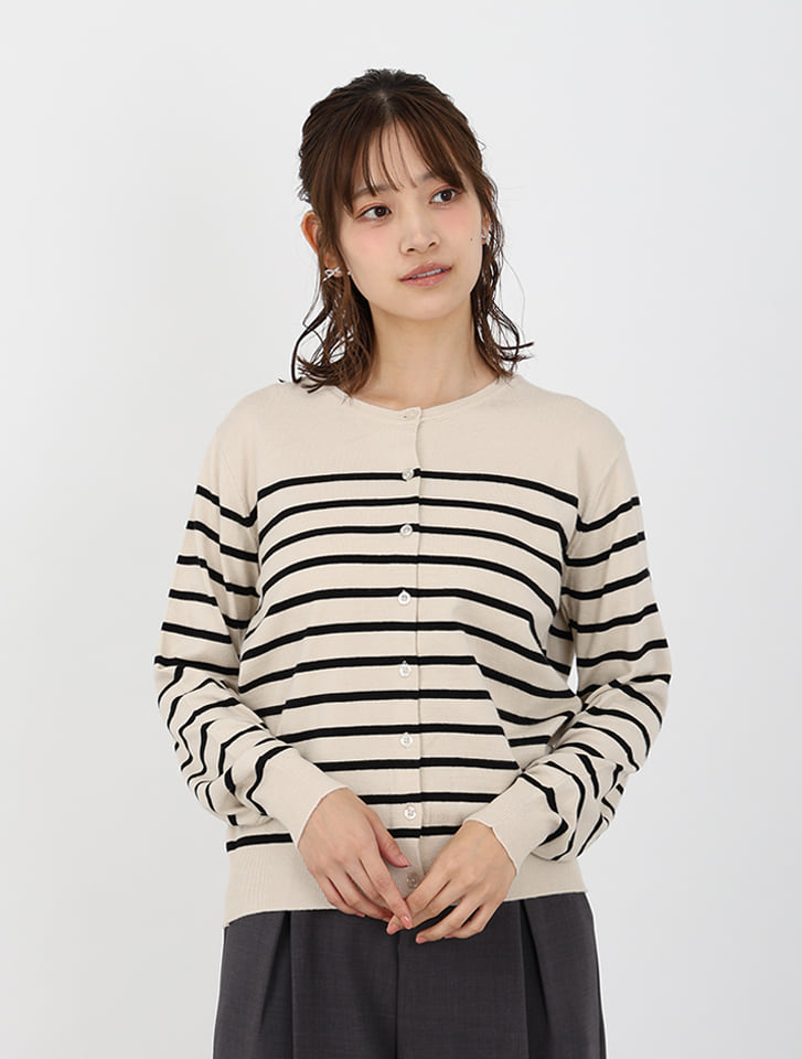 【ウォッシャブル】【M・Lサイズあり】クルーネックボーダーカーディガン