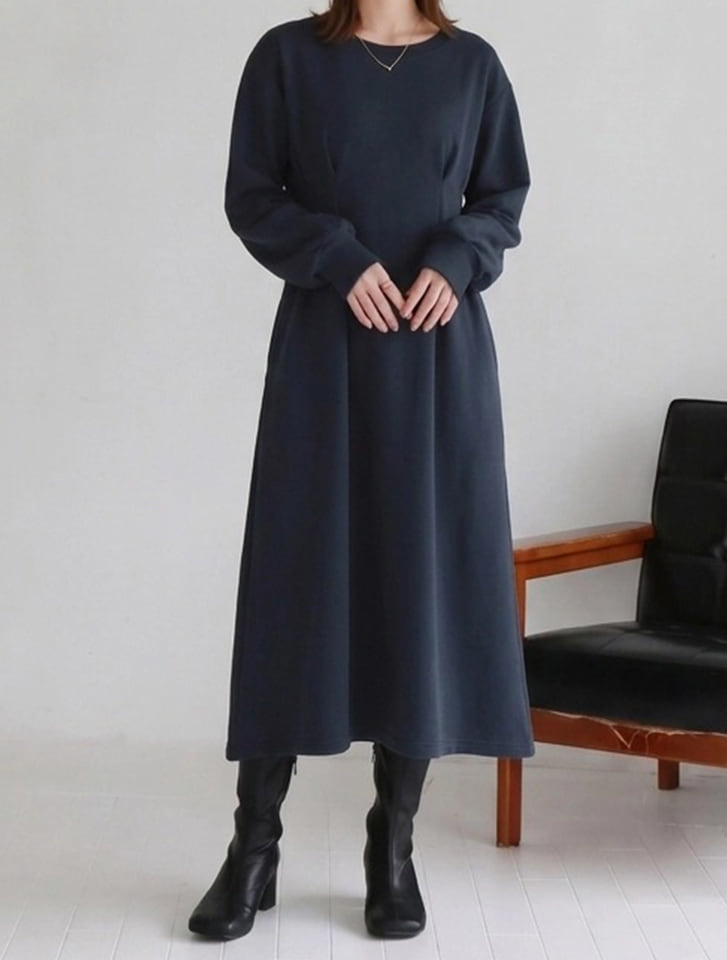 【manaodaysセレクト】裏起毛ウエストタックワンピースサイドポケット付き
