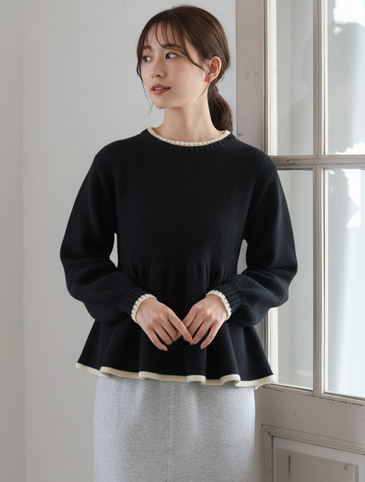 アルパカタッチ配色ペプラムニット