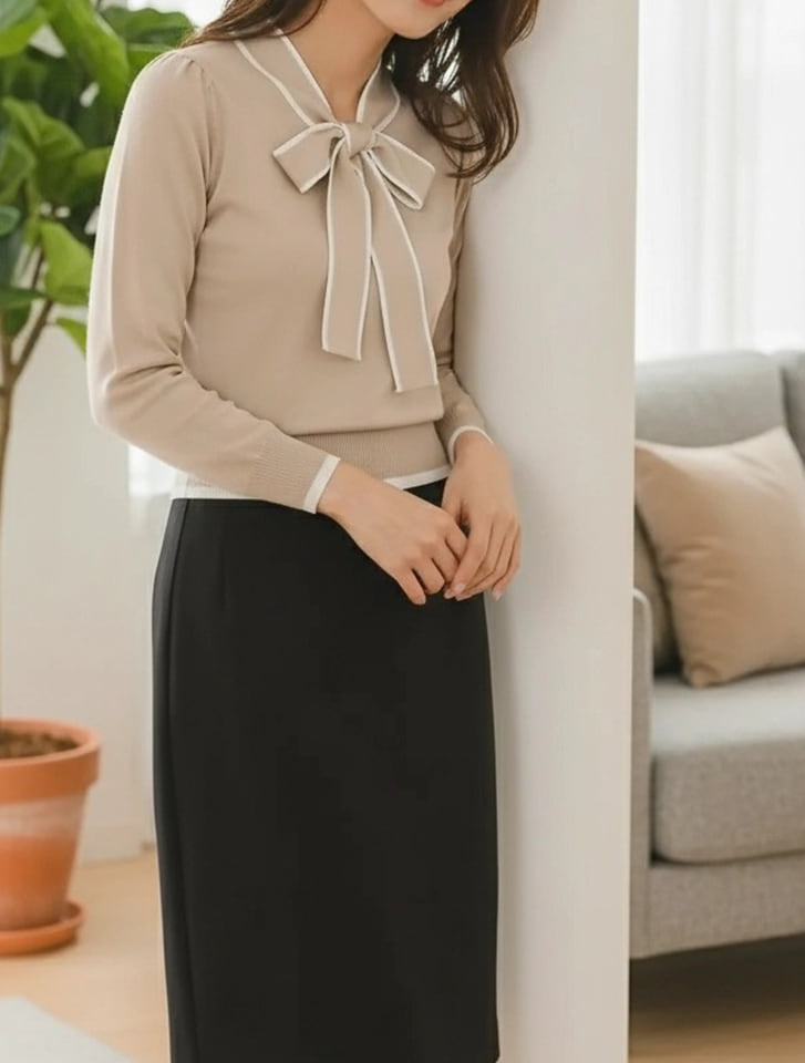 配色ボウタイニットトップス