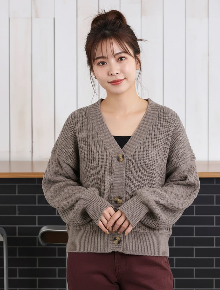 袖ポコポコVネックニットカーディガン