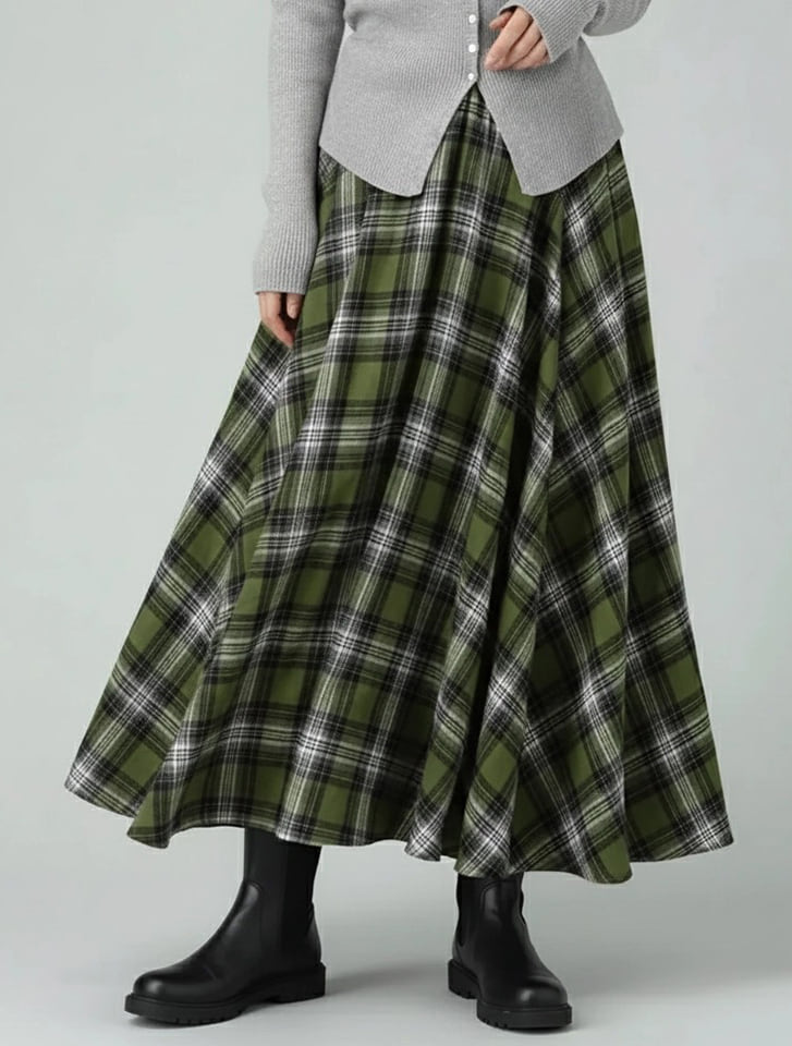 総ゴムチェックフレアスカート