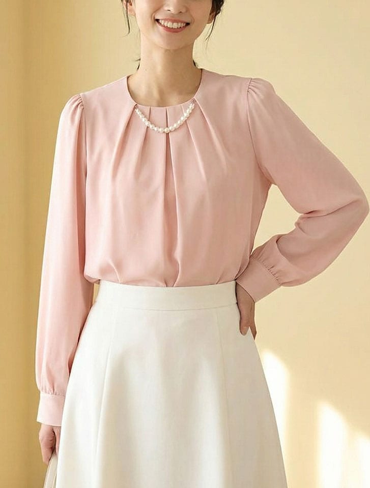 取り外し可能パール付き衿タックブラウス