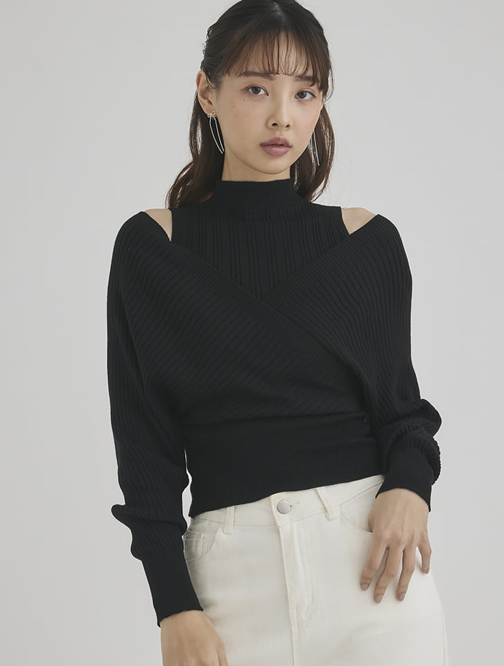 肩あきカシュクールデザインニット