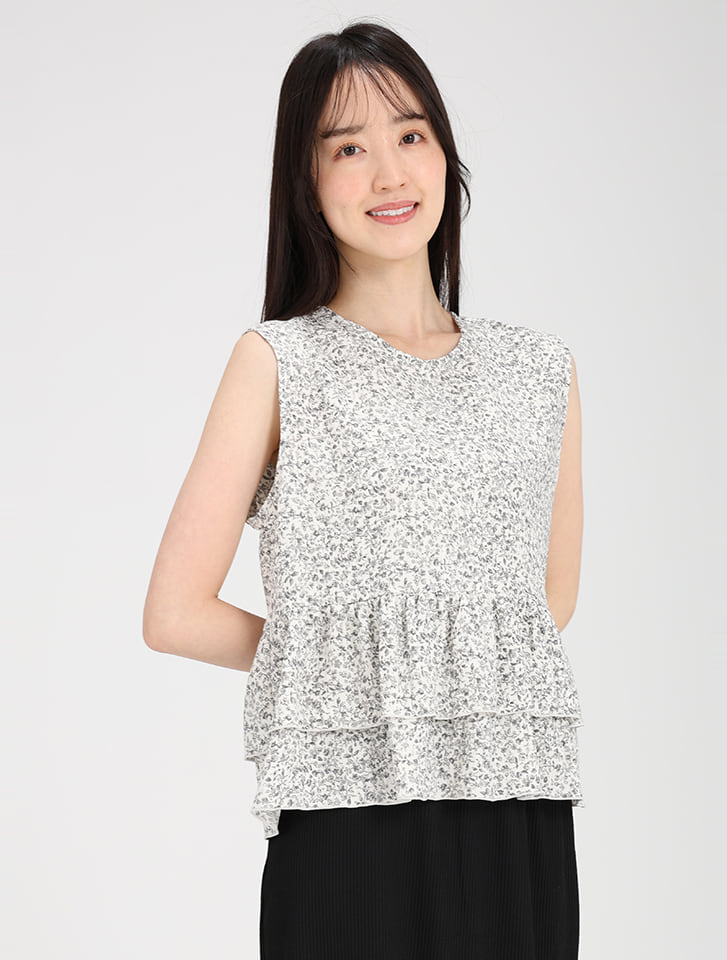 小花柄ノースリフリルブラウス