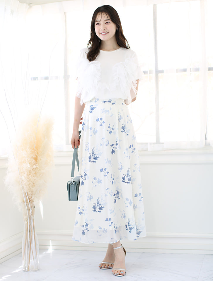 シフォン花柄フレアロングスカート