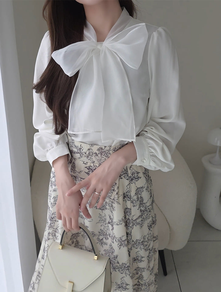 【cho____07セレクト】オーガンジーリボンとろみ長袖ブラウス