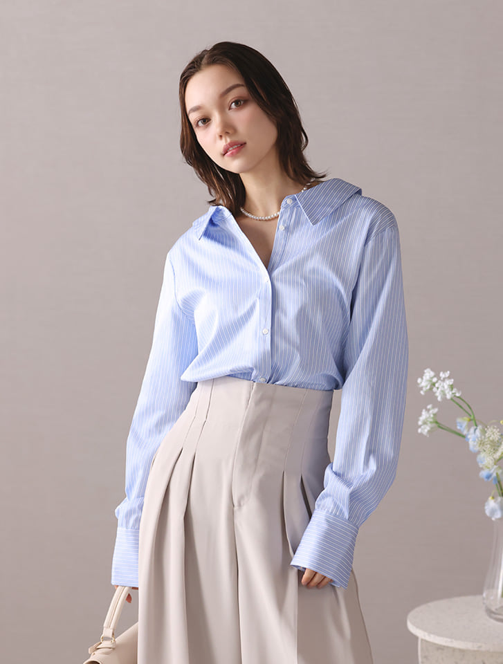 【cestmignon_mauセレクト】 バック2wayロングカフスストライプシャツ