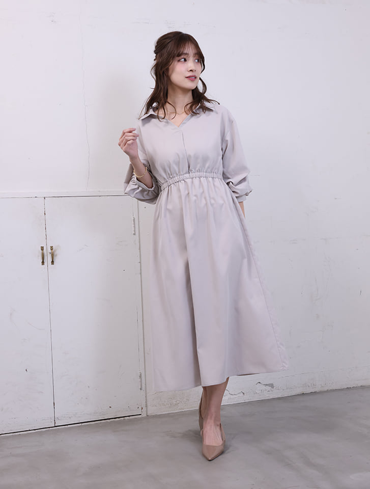 ウエスト切替タックスリーブワンピース