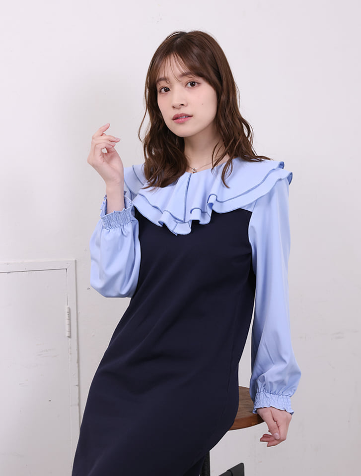 【cho____07セレクト】 衿元フリル異素材ドッキングワンピース			
