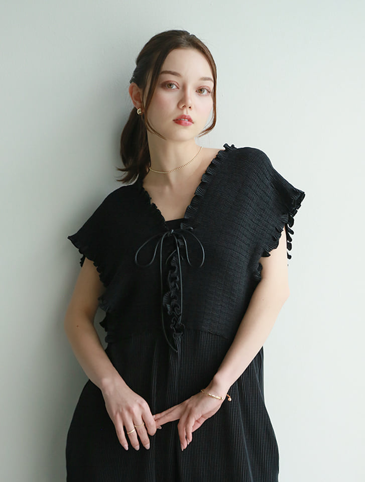 前後2wayレースアッププリーツオールインワン