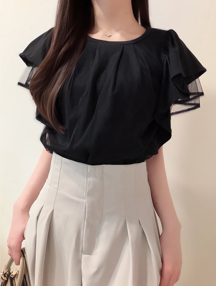 【aya223_bセレクト】チュールドッキングフリルTシャツ