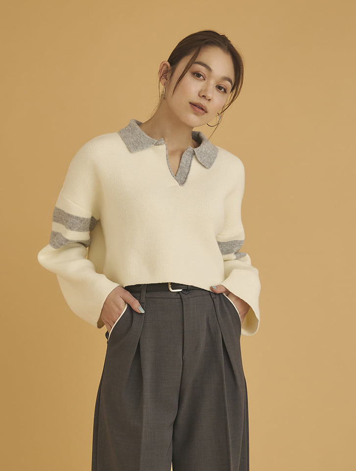 ライン入り衿付きスキッパーニット
