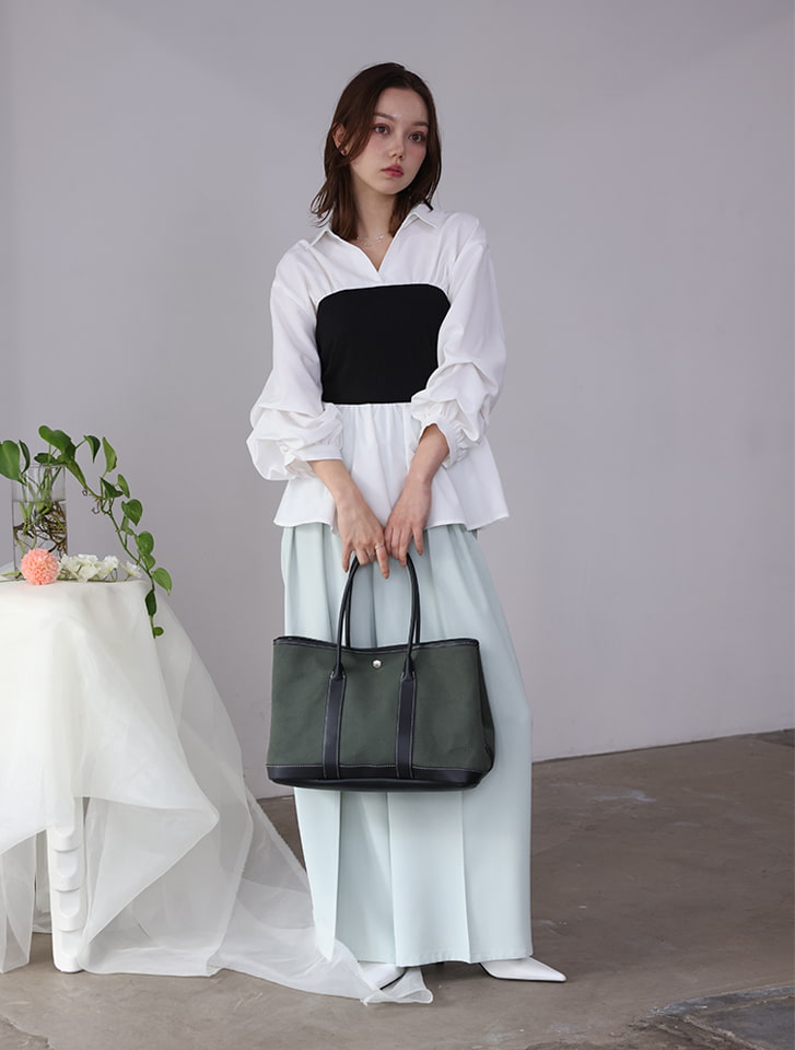 キャンバスフェイクレザーコンビトートバッグ