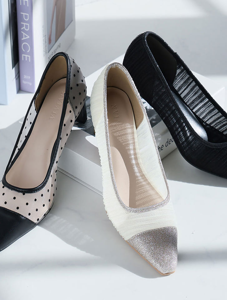 シアーバイカラープレートヒールパンプス